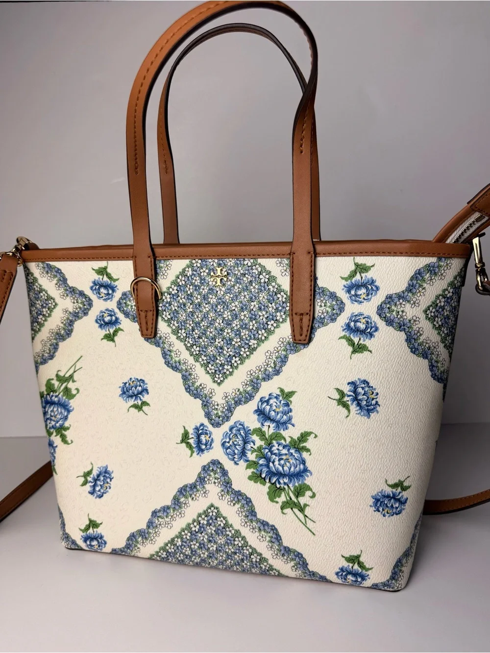 Tory Burch Kerrington Small Zip Tote Terrace Ditsy Floral Cloud Blue Brown